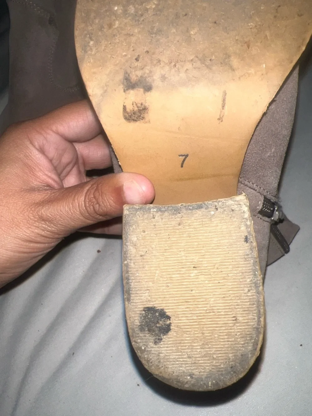 Jeffrey Campbell Taupe Suede Ankle Booties with Stacked Wood Heel - Picture 6 of 6